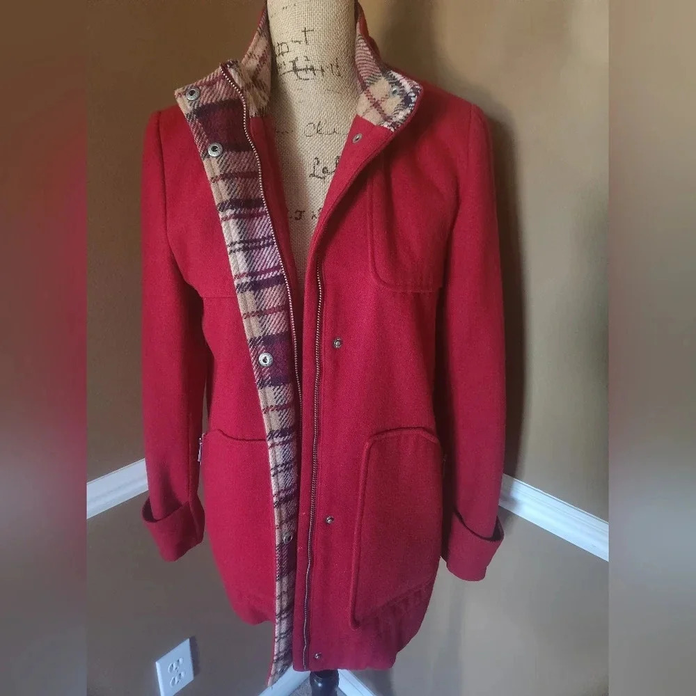 Tommy Hilfiger Red Pea Coat with Plaid Trim